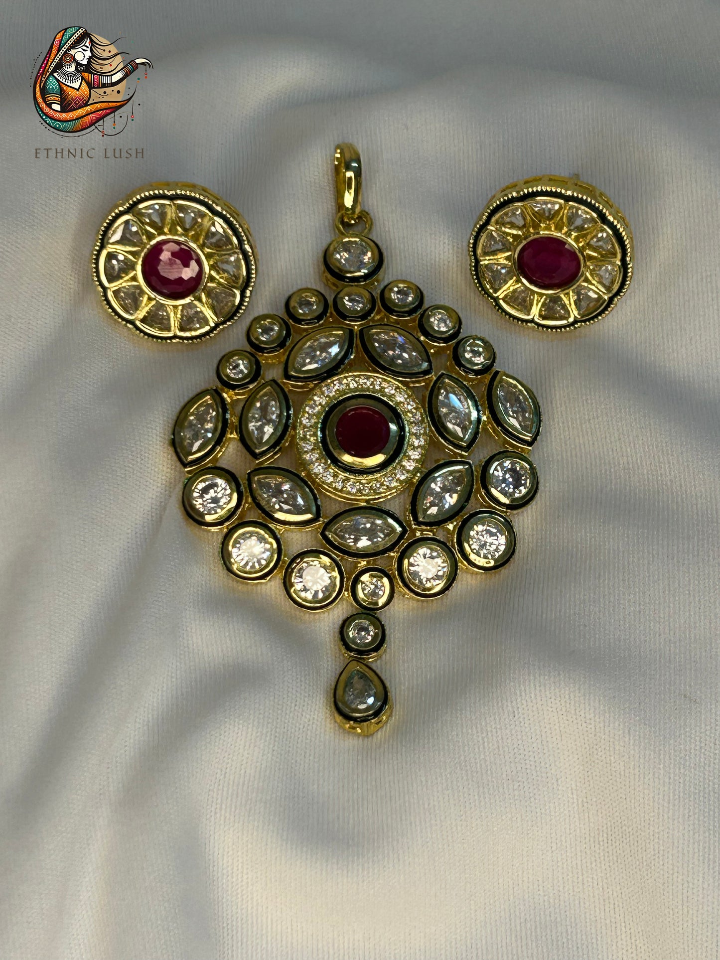 Grand Kundan Pendant and Earrings Set with Ruby Center