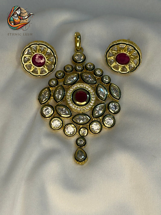 Grand Kundan Pendant and Earrings Set with Ruby Center