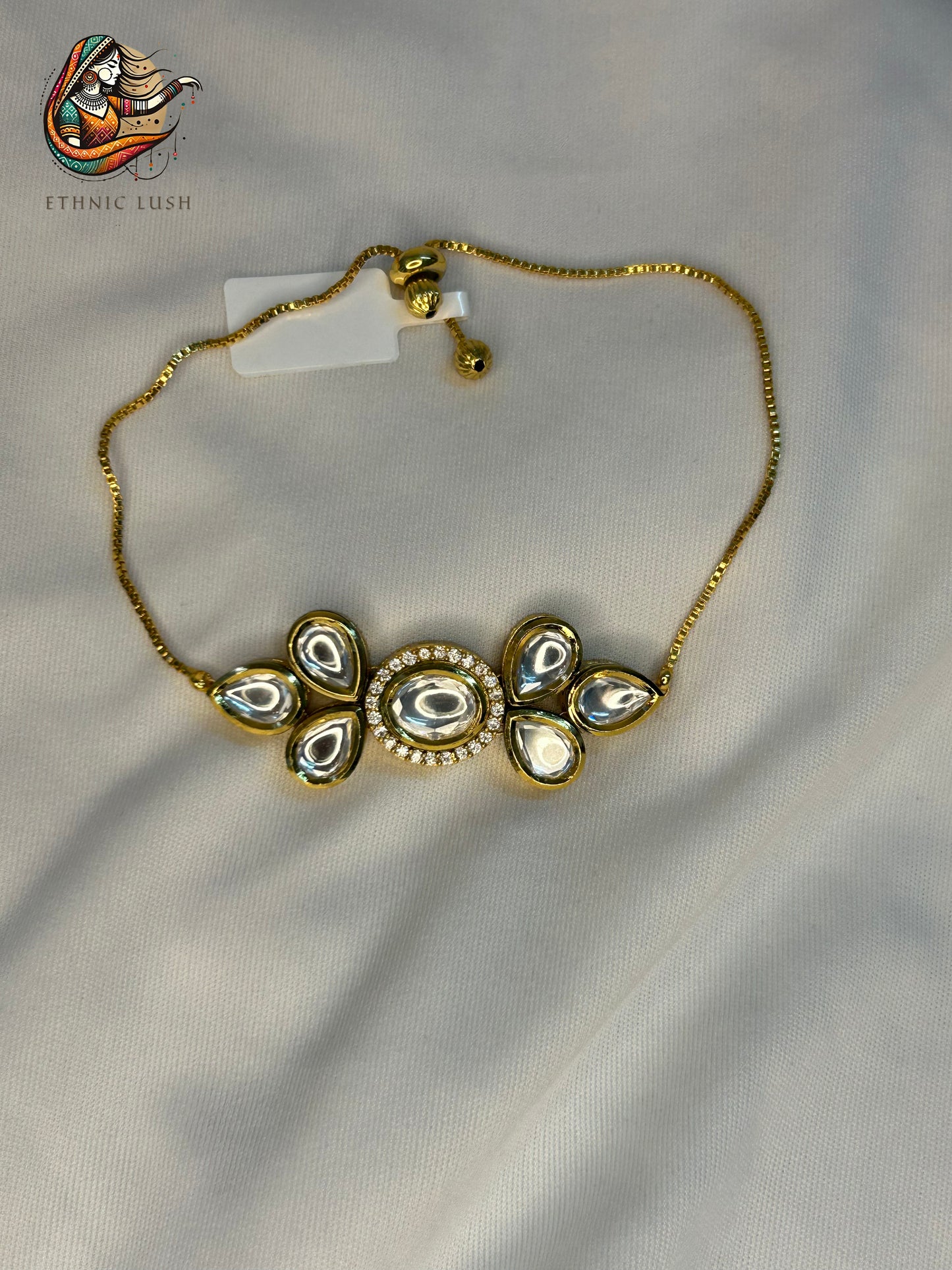 Gold Adjustable Bracelet with Kundan-Inspired Design