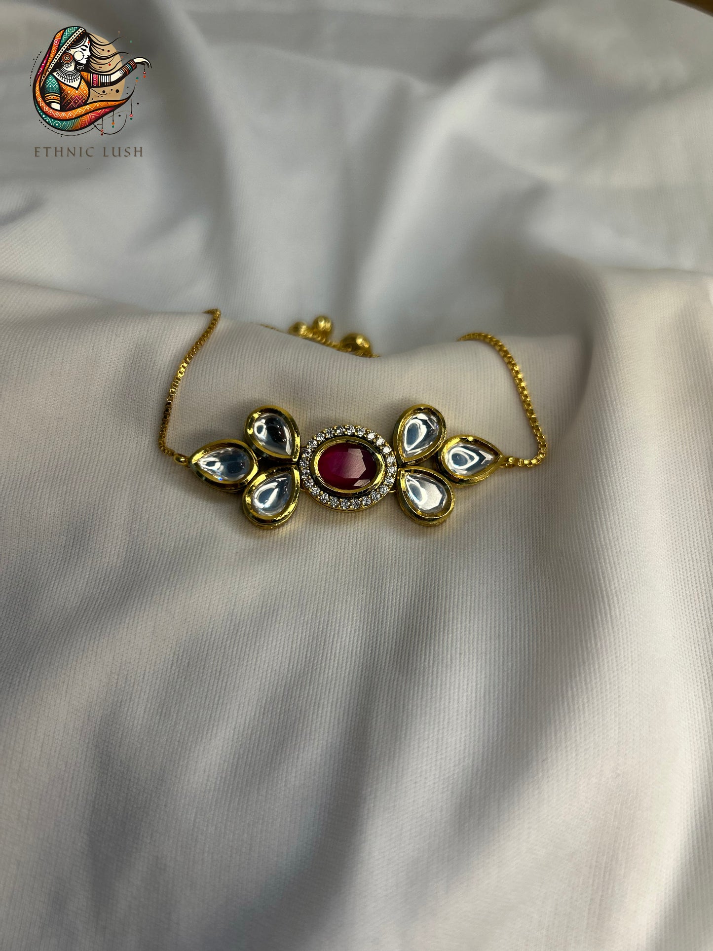 Gold Adjustable Bracelet with Ruby and Teardrop kundan