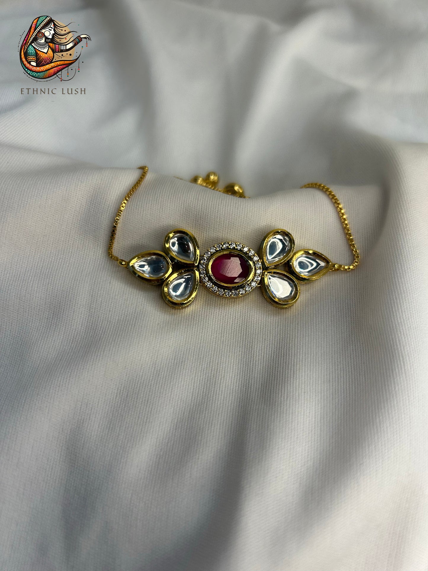 Gold Adjustable Bracelet with Ruby and Teardrop kundan