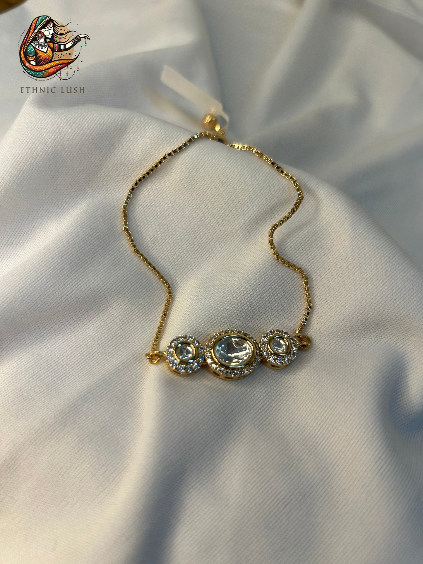 Gold Adjustable Bracelet with Kundan-Inspired Design