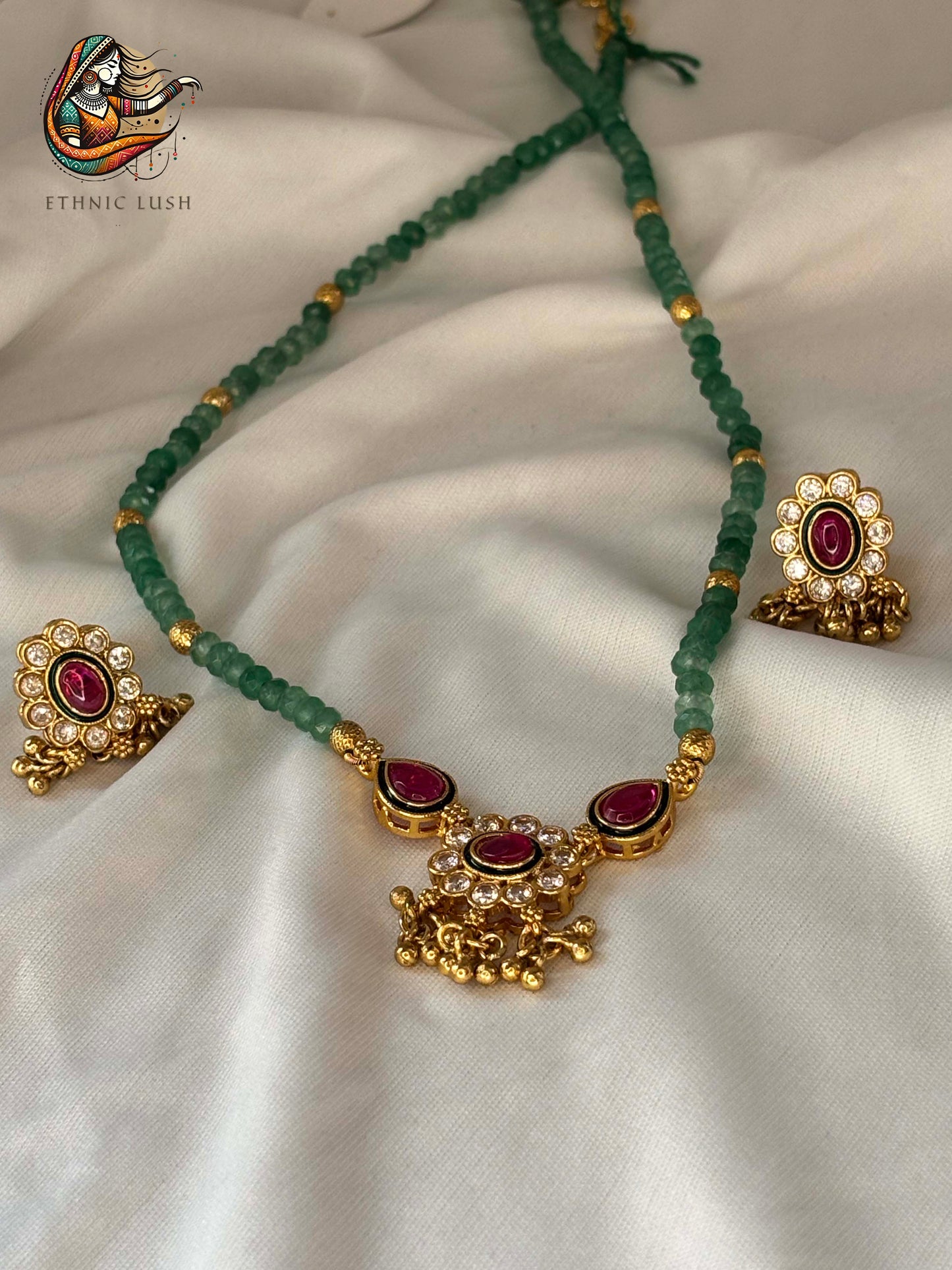 Emerald Beaded Necklace and Ruby-Accented Earrings Set