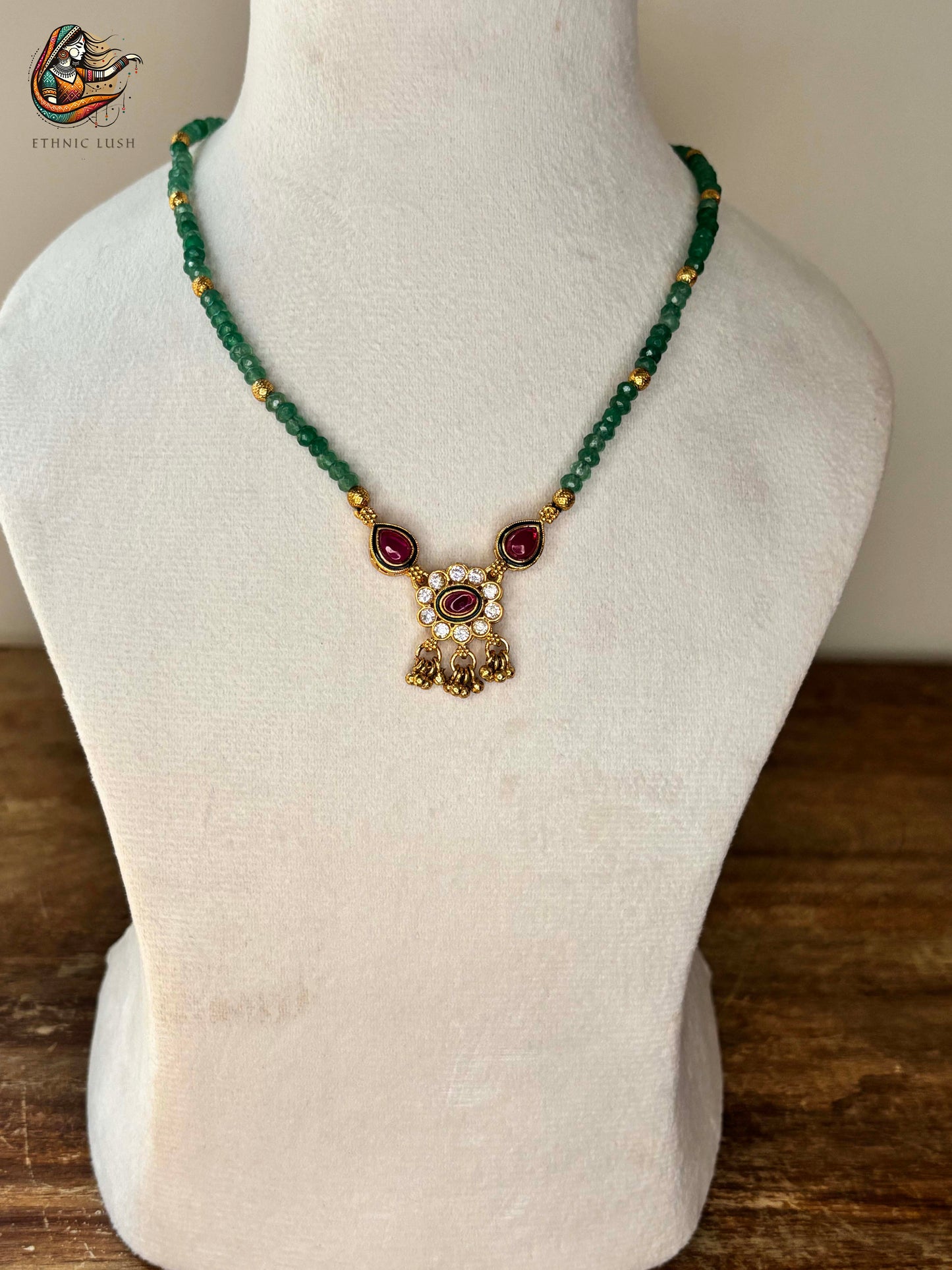 Emerald Beaded Necklace and Ruby-Accented Earrings Set