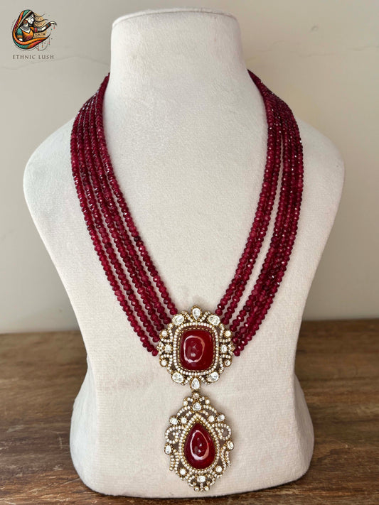 Ruby Beaded Necklace and Jhumka Earrings Set