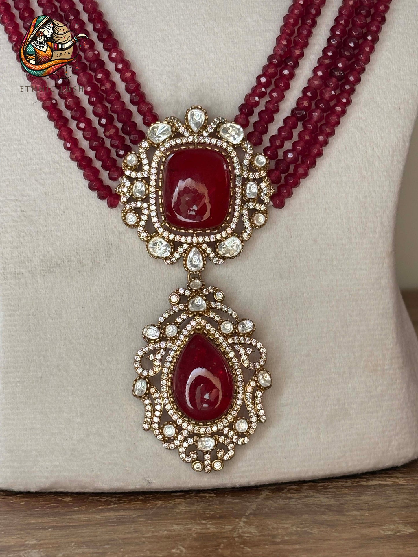 Ruby Beaded Necklace and Jhumka Earrings Set