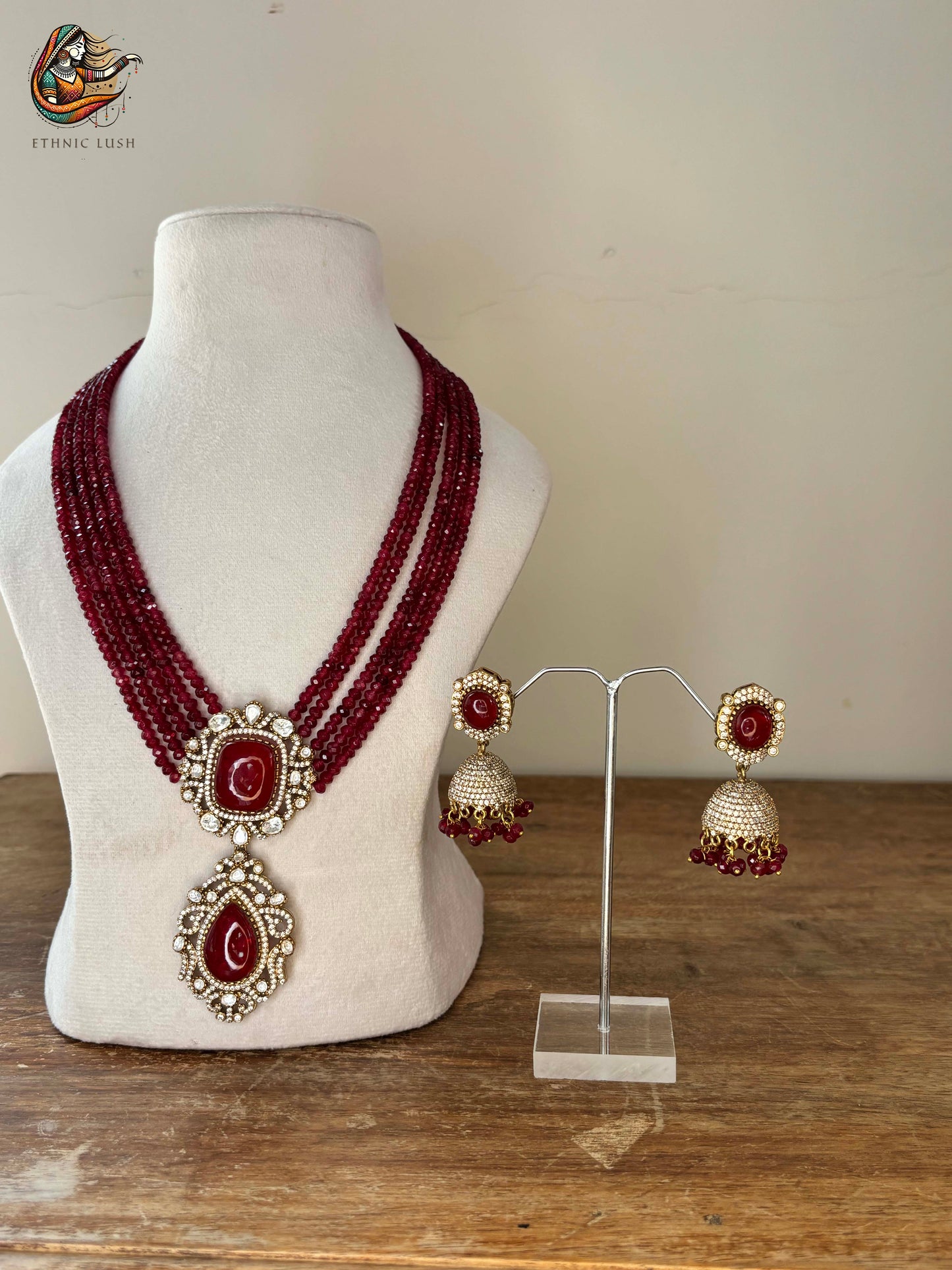 Ruby Beaded Necklace and Jhumka Earrings Set