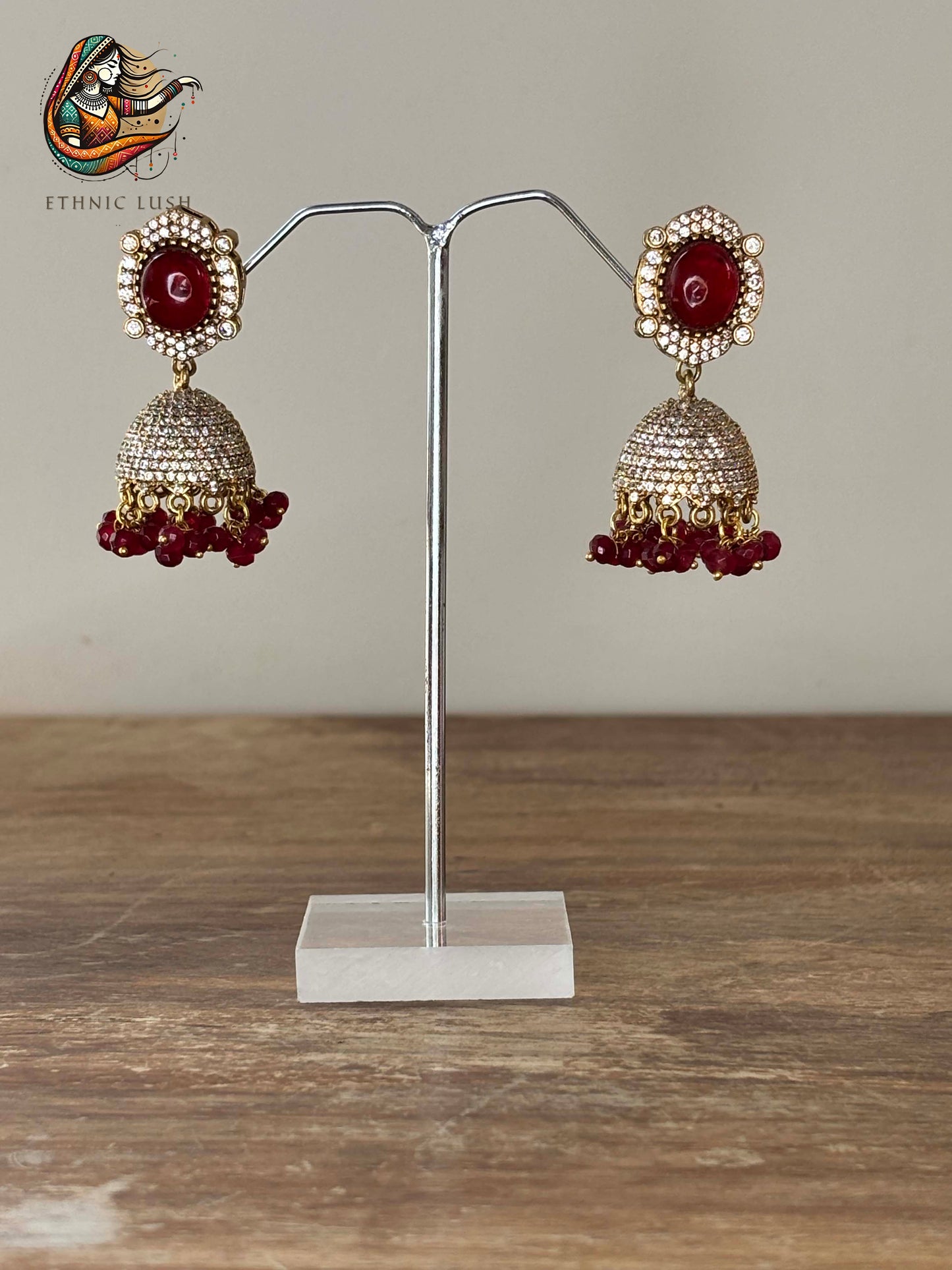 Ruby Beaded Necklace and Jhumka Earrings Set