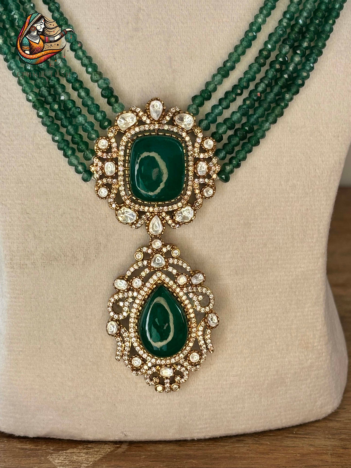 Emerald Beaded Necklace and Jhumka Earrings Set