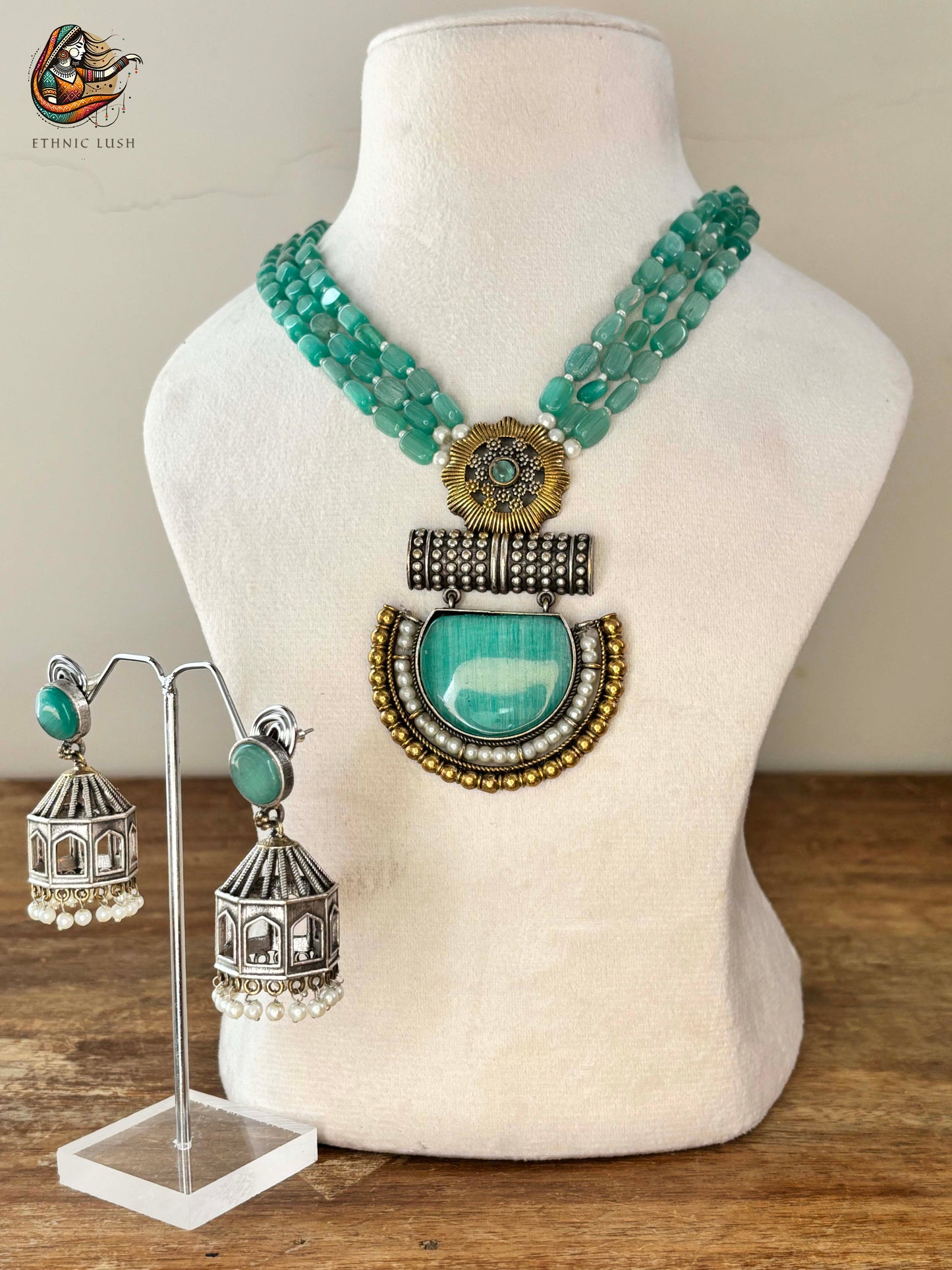 Aqua Beaded Tribal Necklace and Jhumka Earrings Set