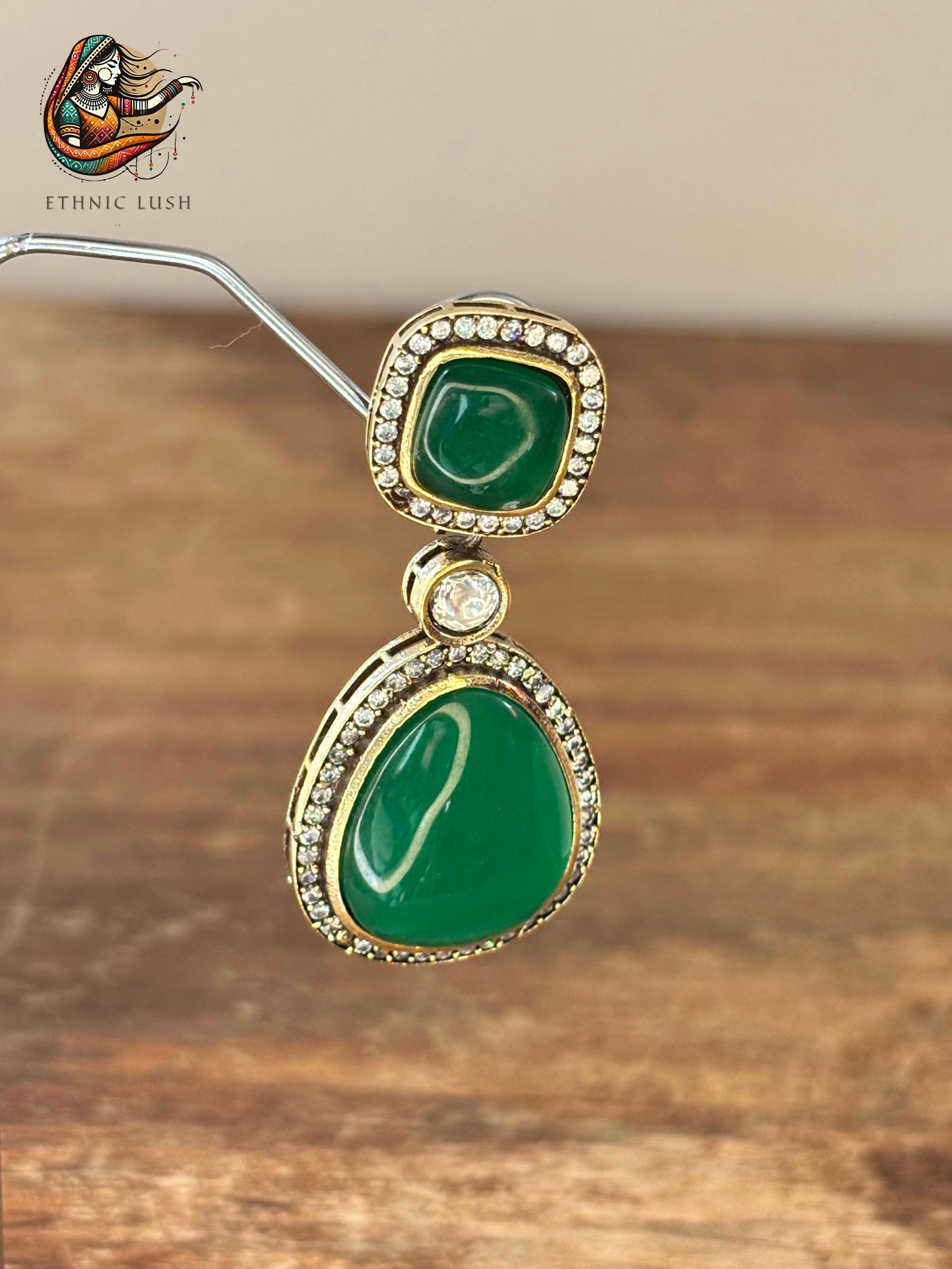 Green Stone Drop Earrings with CZ Diamond Halo