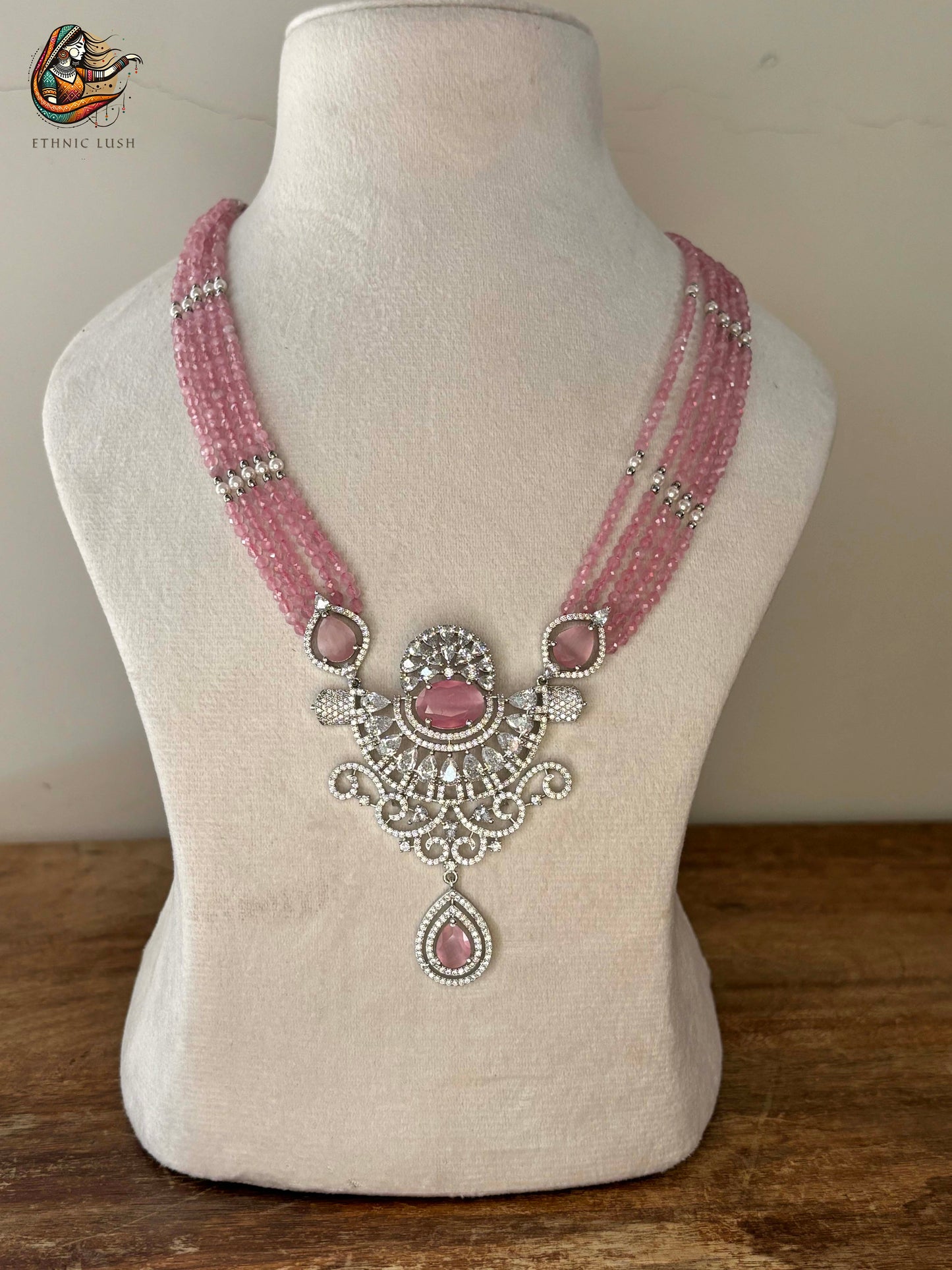 Pink Beaded CZ diamond studded Necklace and Earrings Set with Silver Accents