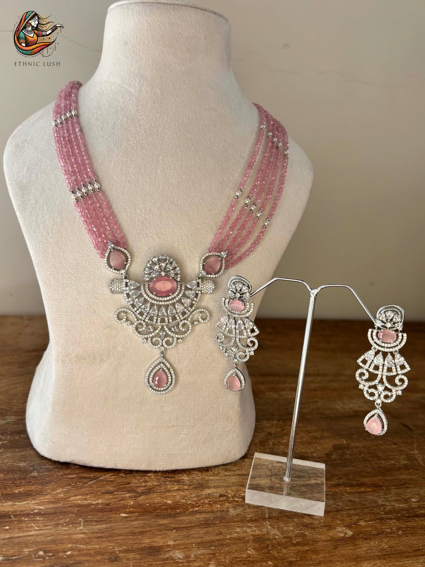 Pink Beaded CZ diamond studded Necklace and Earrings Set with Silver Accents