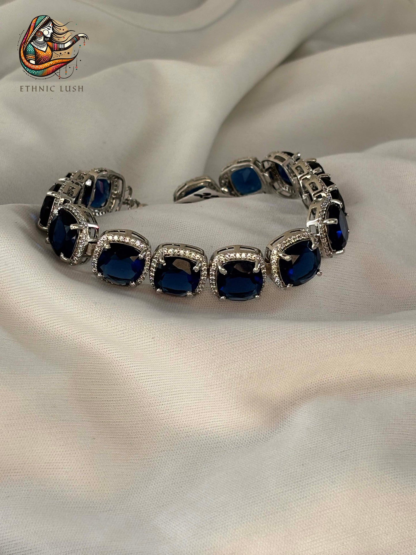 Royal Blue Sapphire and CZ Diamond Halo Bracelet