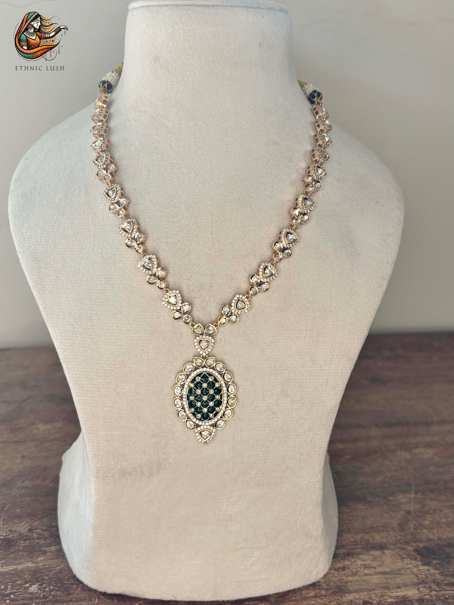 Gold Moissanite polki and Green Stone Necklace