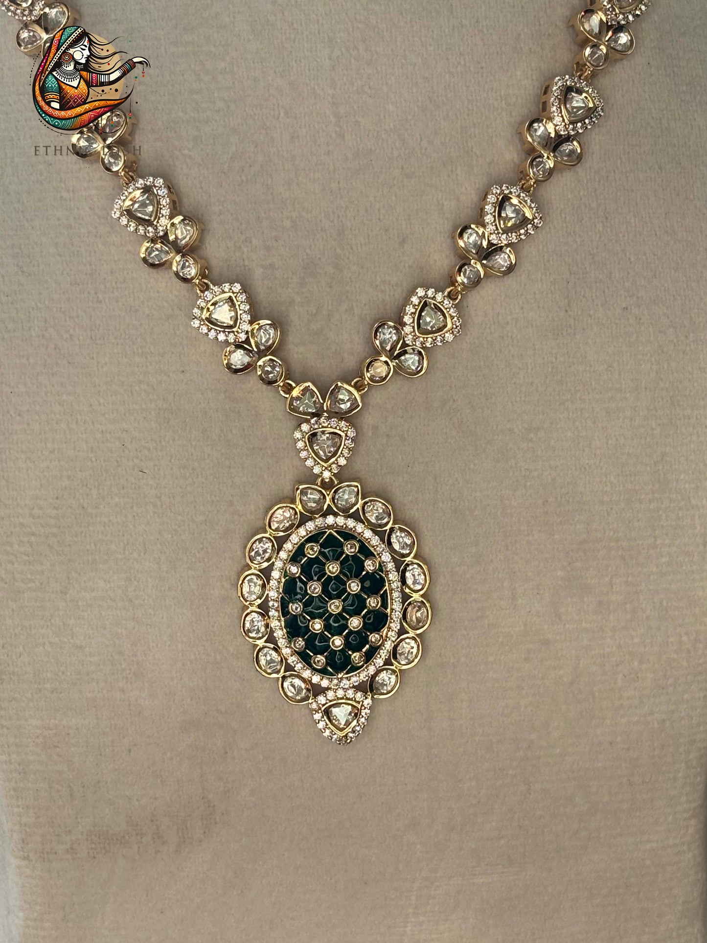 Gold Moissanite polki and Green Stone Necklace