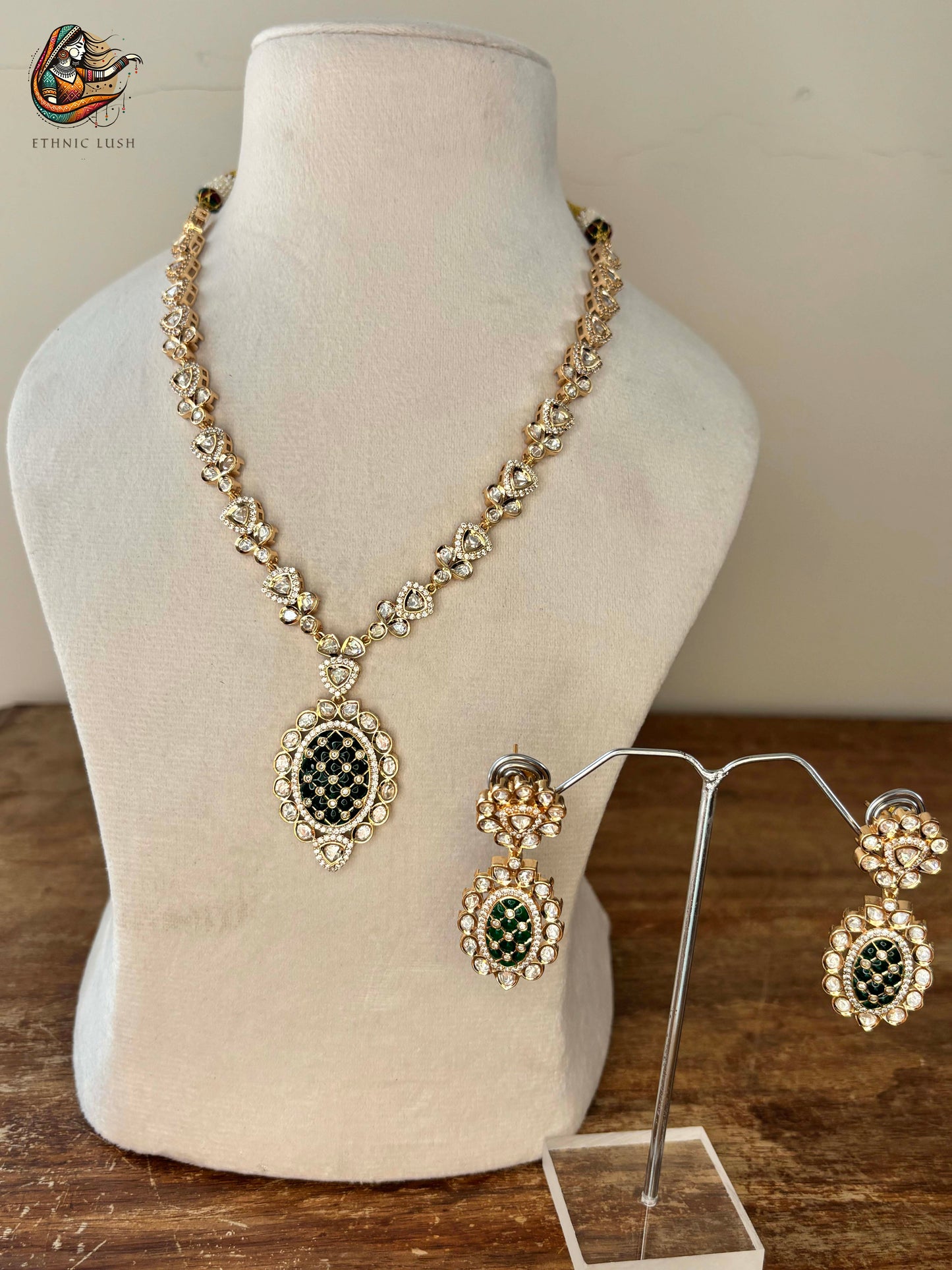 Gold Moissanite polki and Green Stone Necklace