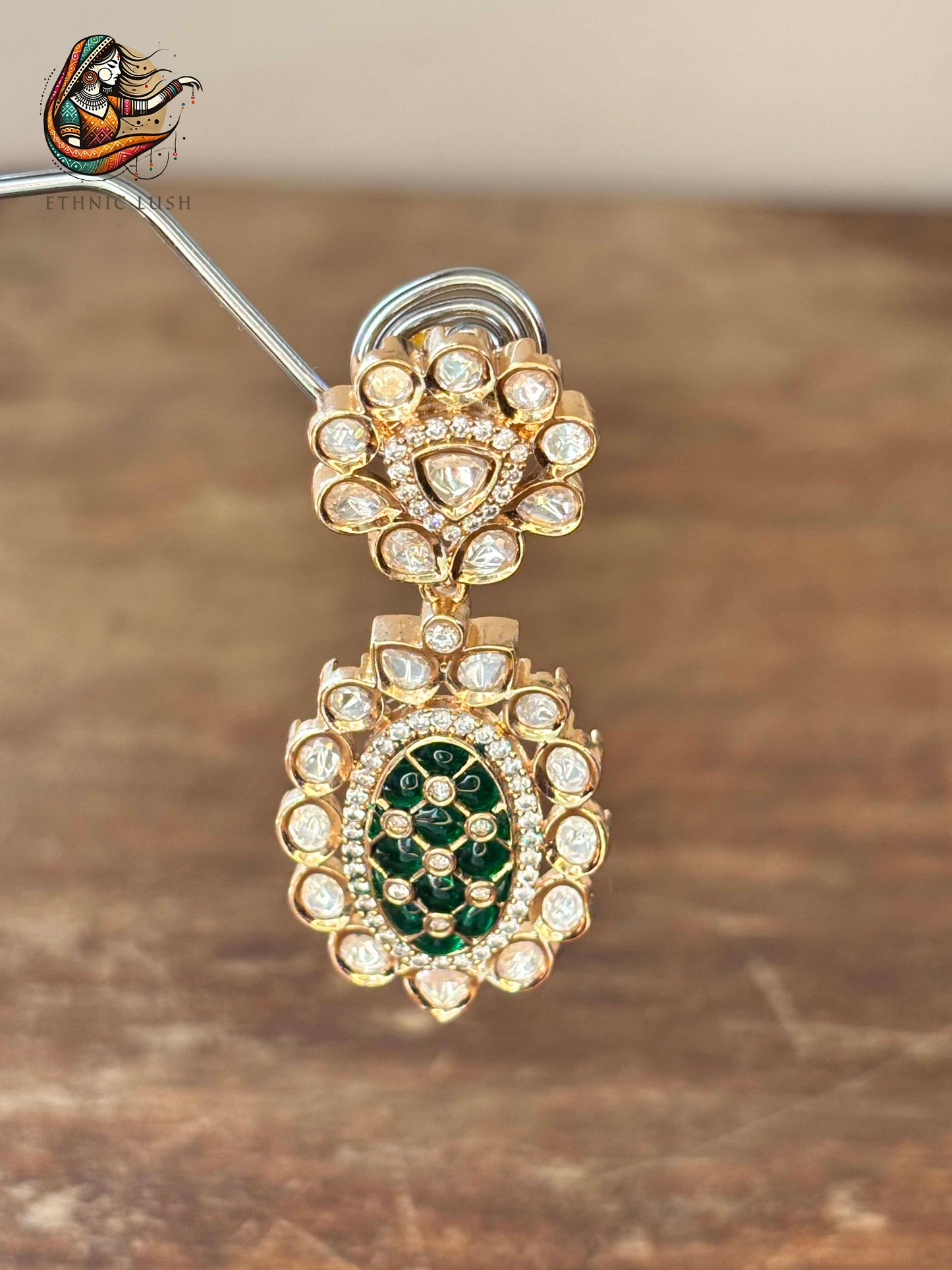 Gold Moissanite polki and Green Stone Necklace