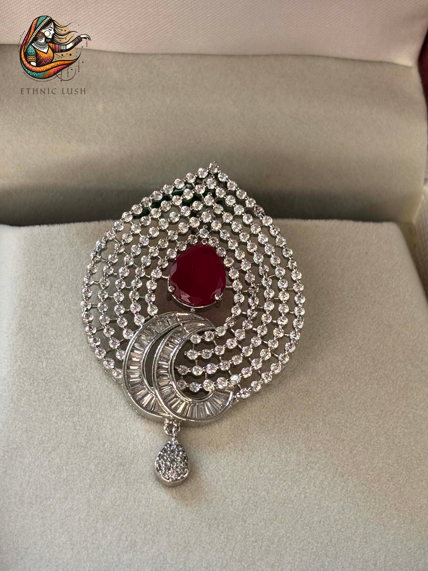 Ruby and CZ Diamond Pendant Set with Earrings