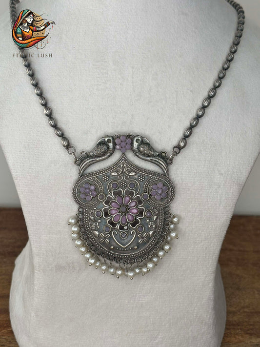 Silver Oxidized Floral Pendant Necklace