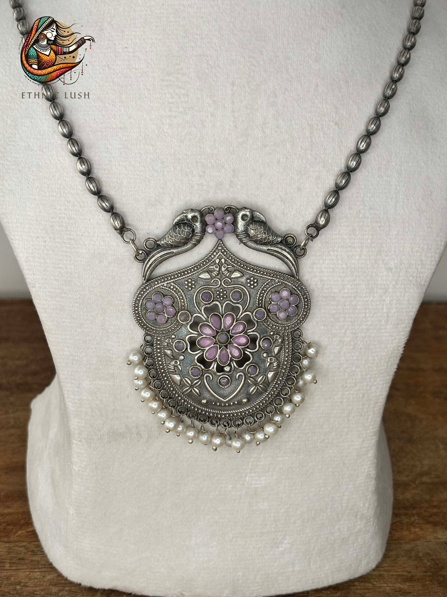 Silver Oxidized Floral Pendant Necklace