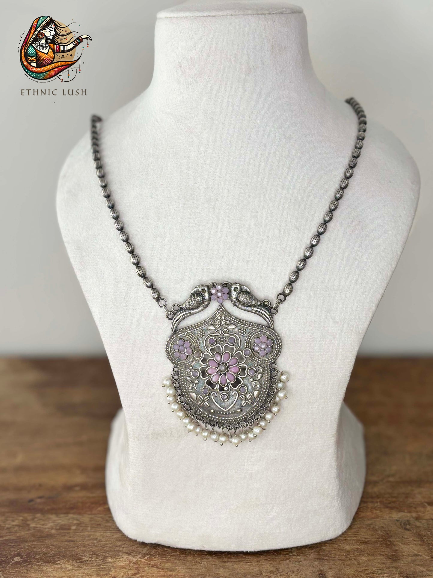 Silver Oxidized Floral Pendant Necklace