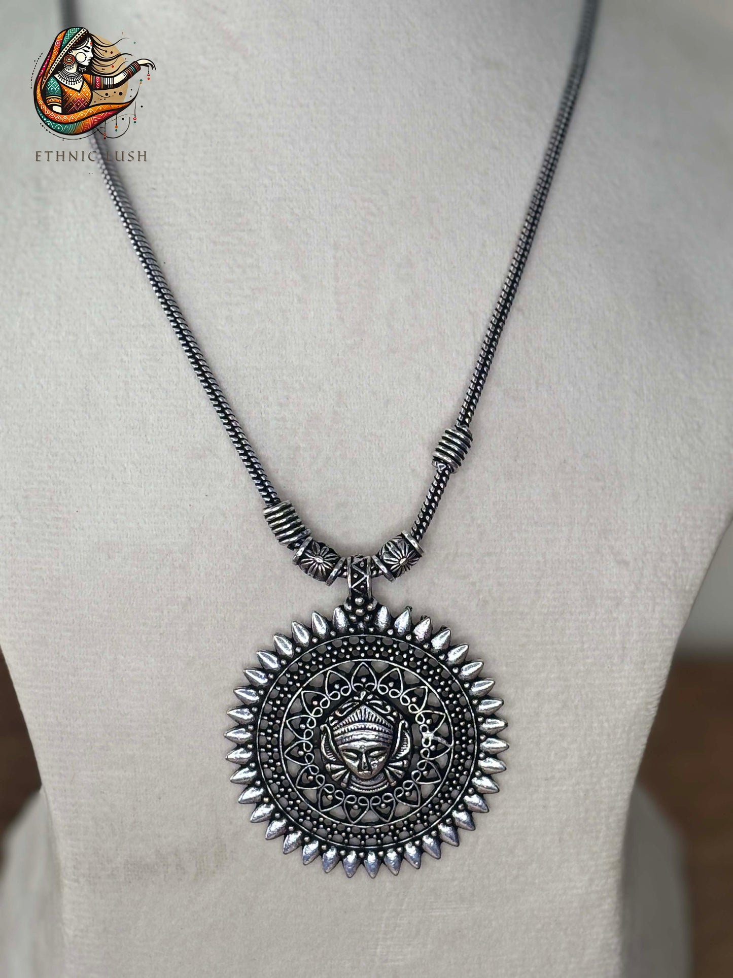 Antique Oxidized Sunburst Pendant Necklace