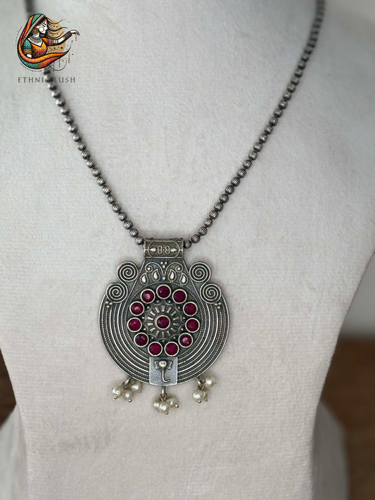 Antique Silver-Plated Pendant Necklace with Ruby Accents