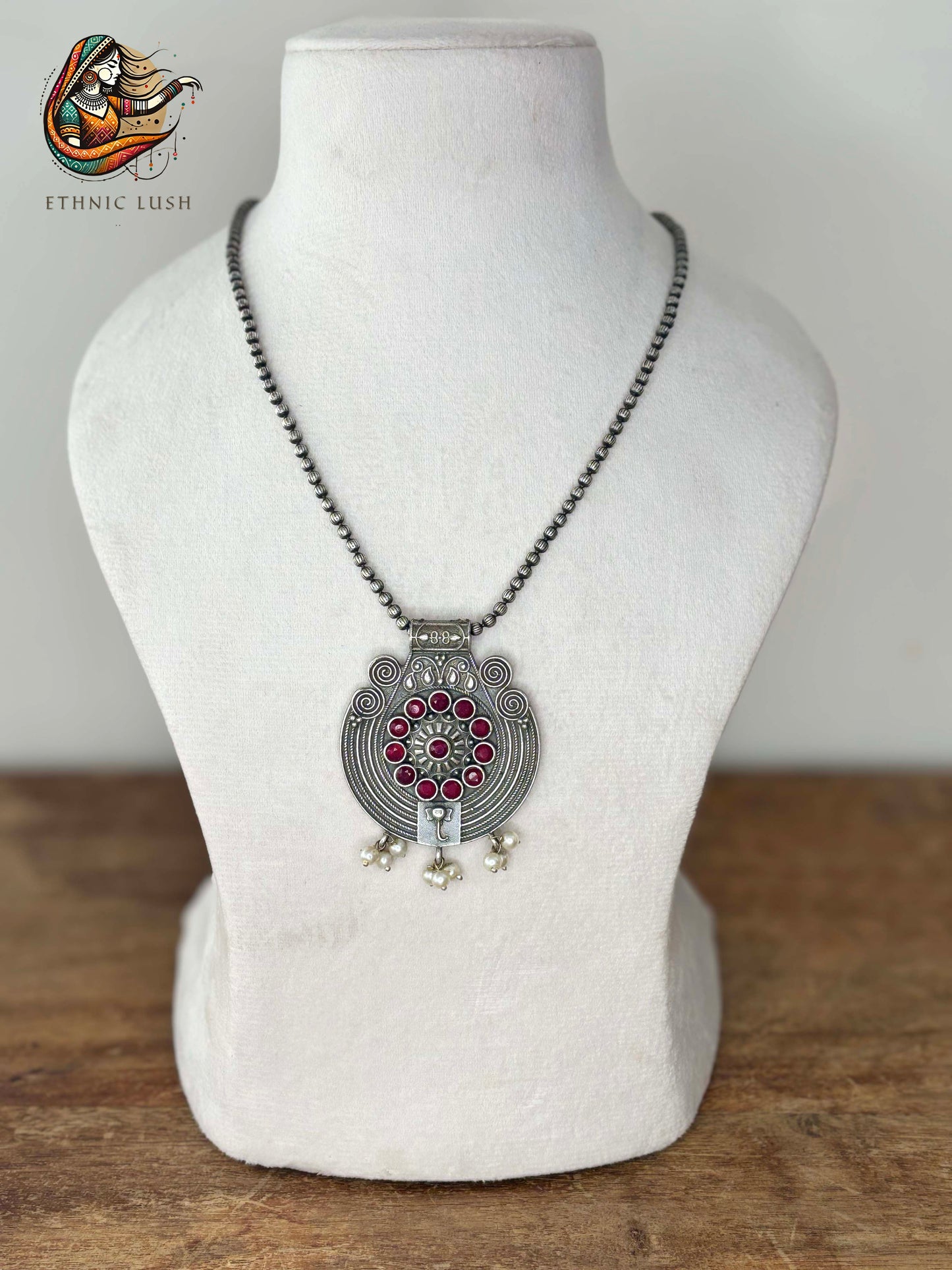 Antique Silver-Plated Pendant Necklace with Ruby Accents