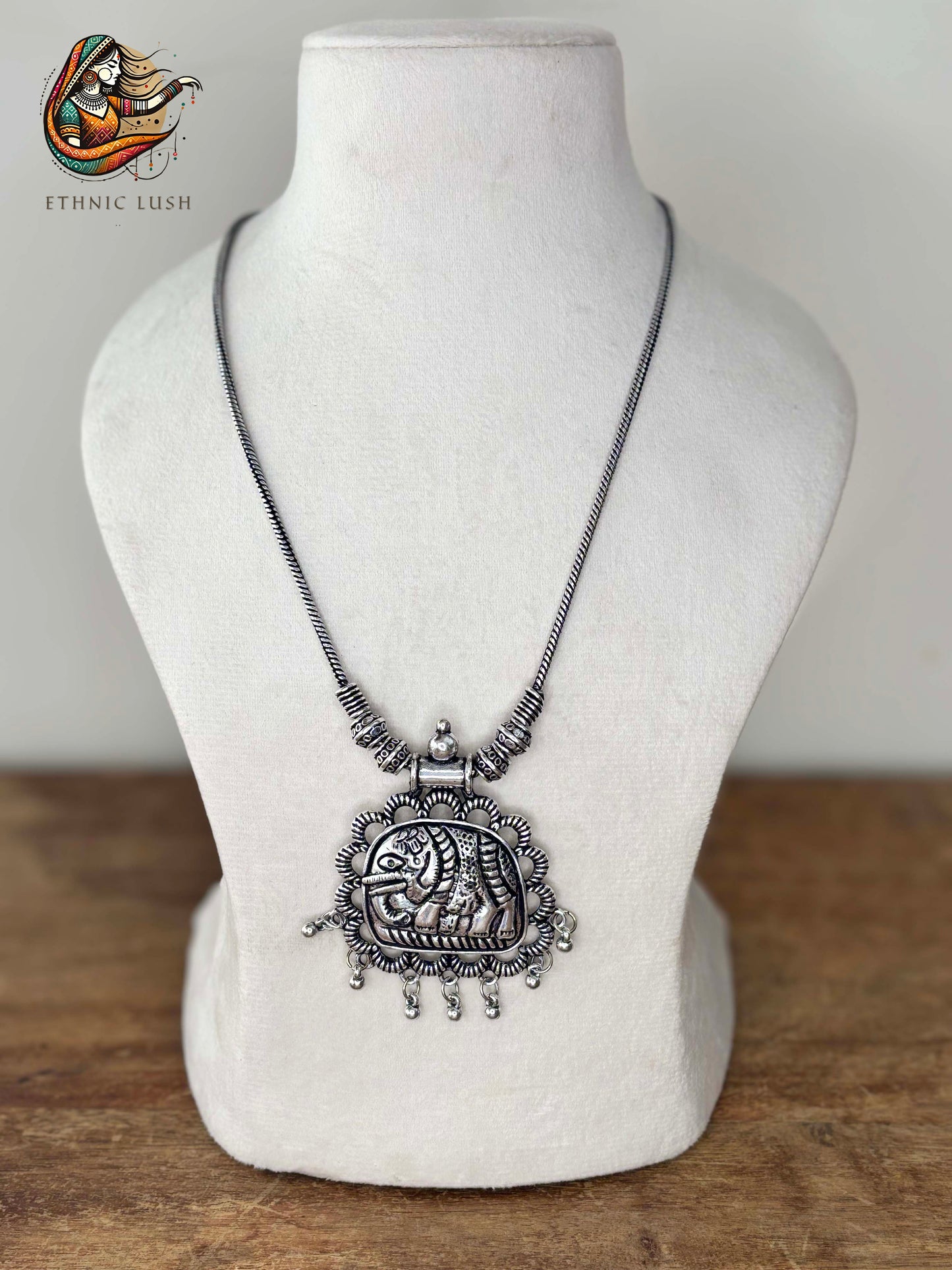 Oxidized Silver Tribal Necklace with Elephant Motif