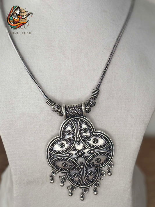 Oxidized Silver Pendant Necklace with Floral Motif