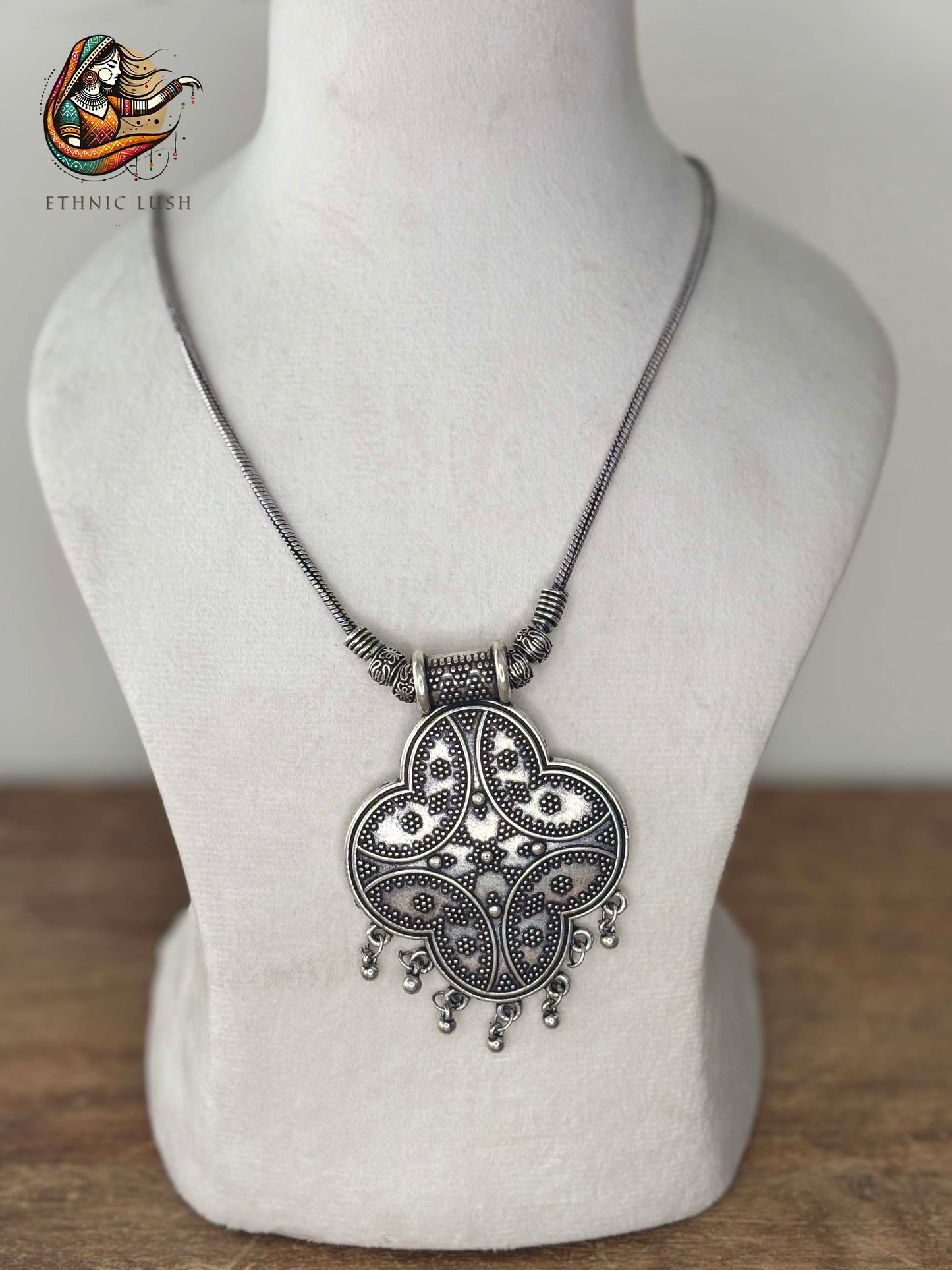 Oxidized Silver Pendant Necklace with Floral Motif