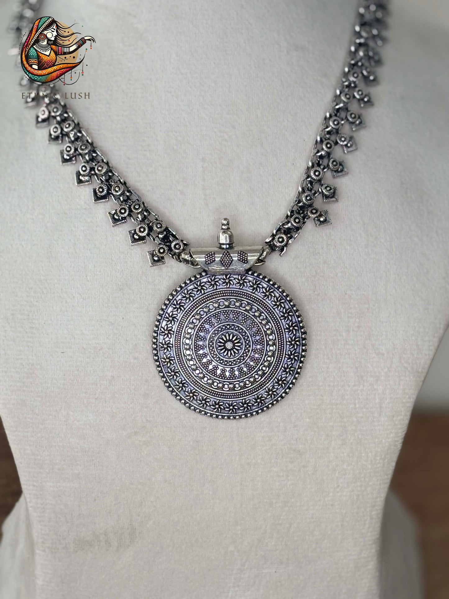 Traditional Oxidized Silver Statement Necklace