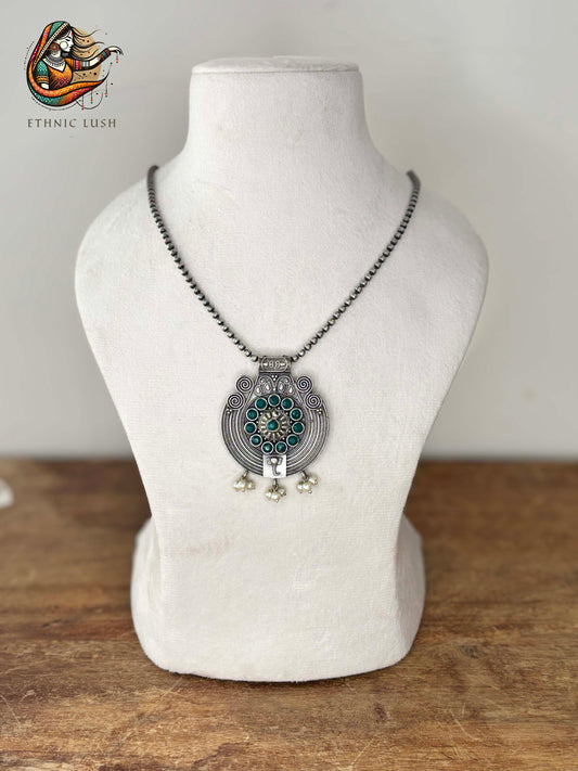 Circular Oxidized Pendant Necklace with Green Accents