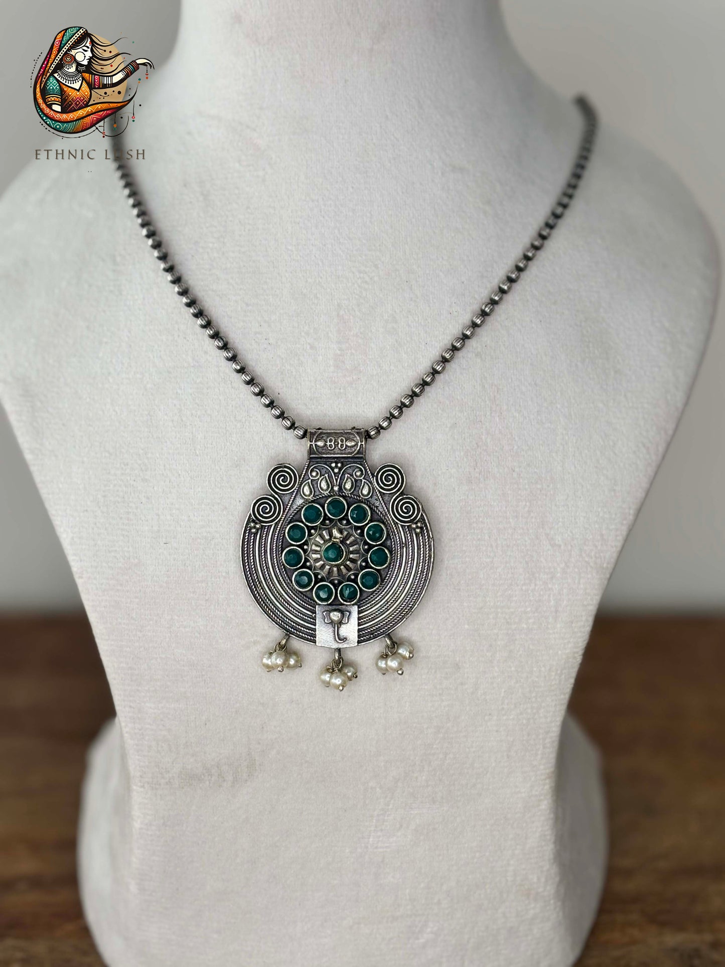 Circular Oxidized Pendant Necklace with Green Accents