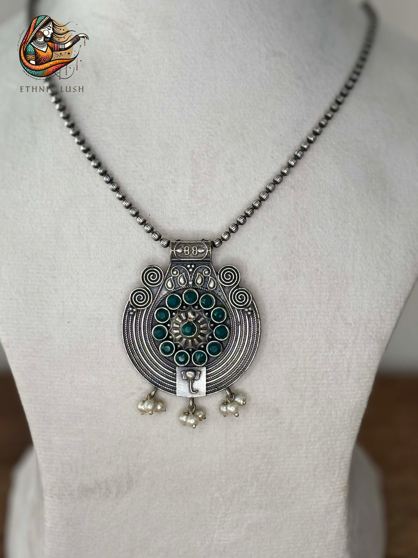 Circular Oxidized Pendant Necklace with Green Accents