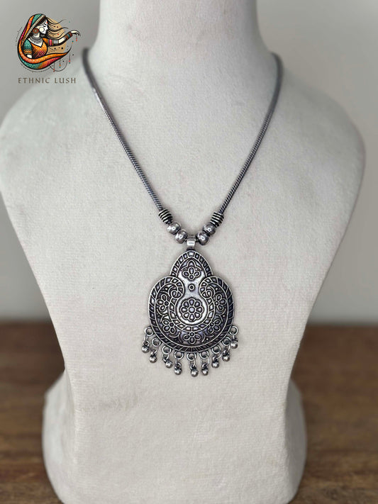 Oxidized Floral Crescent Pendant Necklace