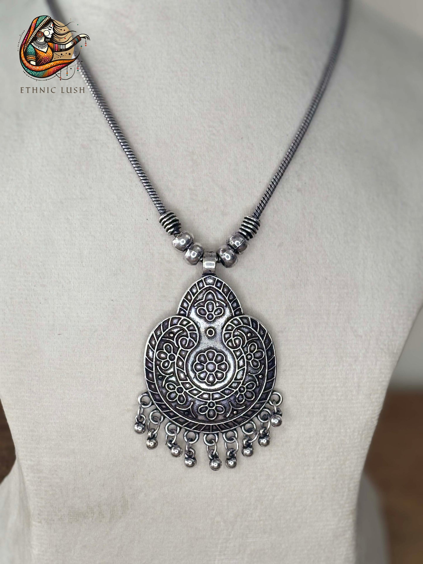 Oxidized Floral Crescent Pendant Necklace