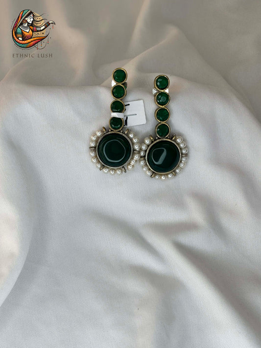 Green Gemstone and Pearl Drop Earrings