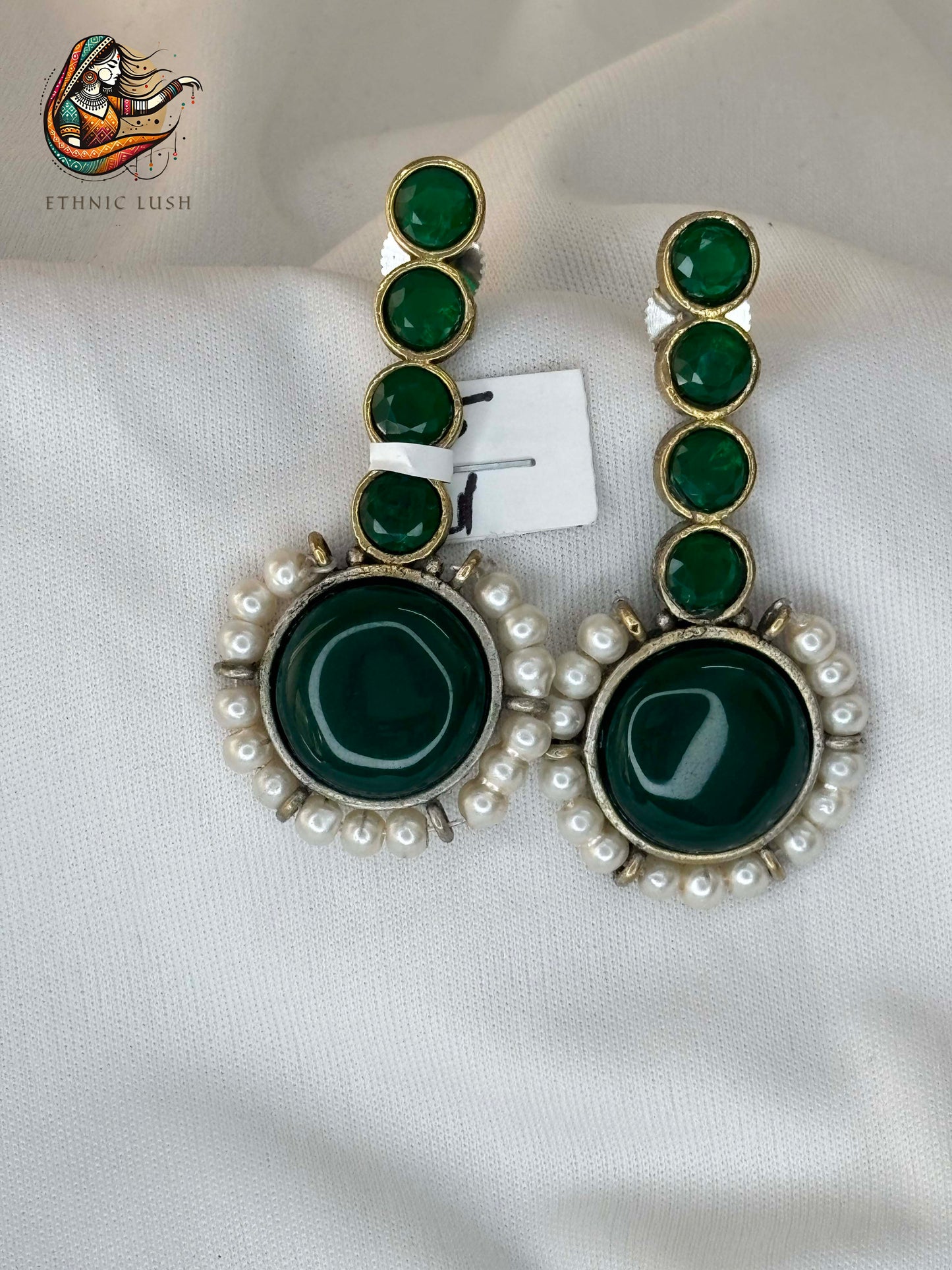 Green Gemstone and Pearl Drop Earrings