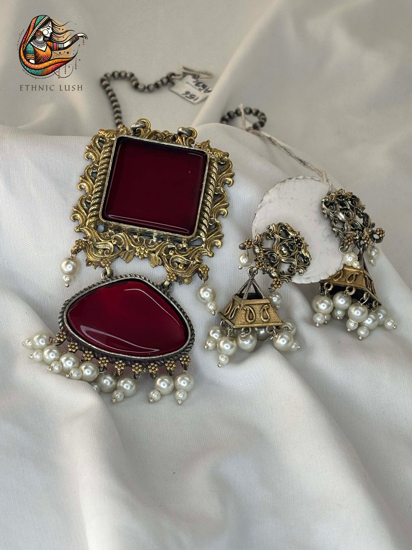 Antique Red Pendant Necklace Set with Pearl Jhumka Earrings