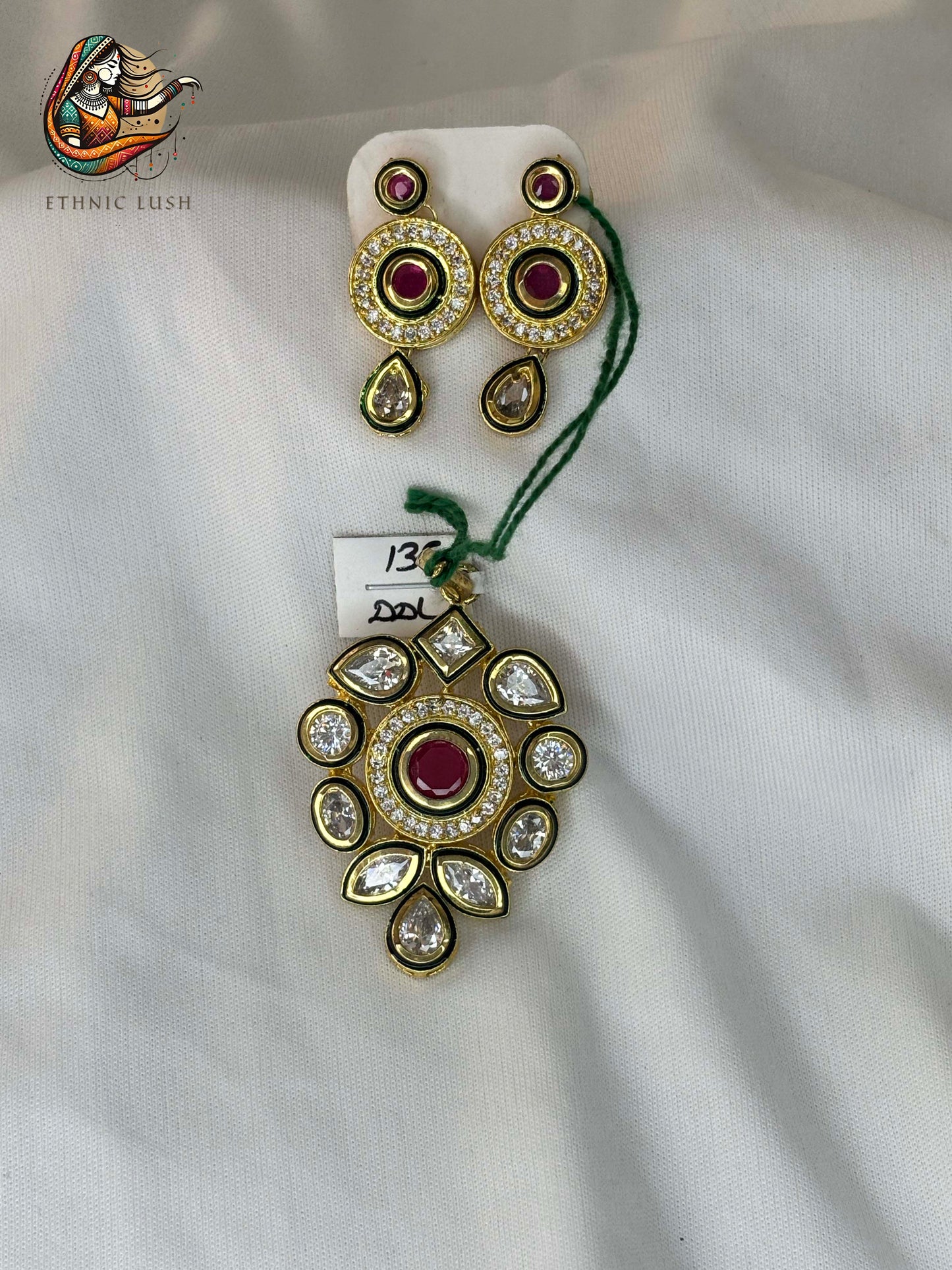 Kundan Pendant and Earrings Set with Ruby Accents