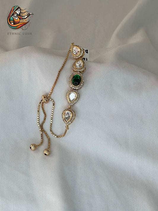 Gold Adjustable Teardrop Bracelet with Crystal and Emerald Accents