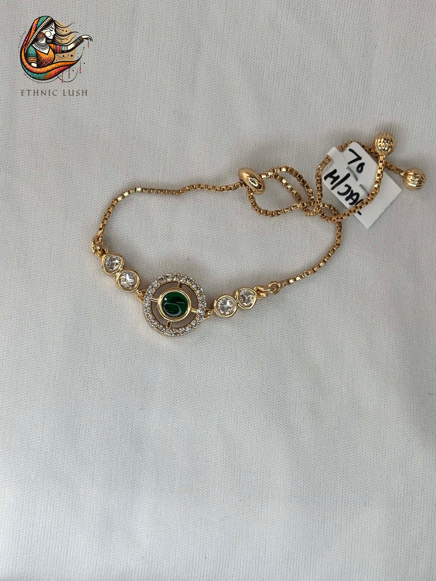 Gold Adjustable Bracelet with Green Malachite stone and Crystal Details