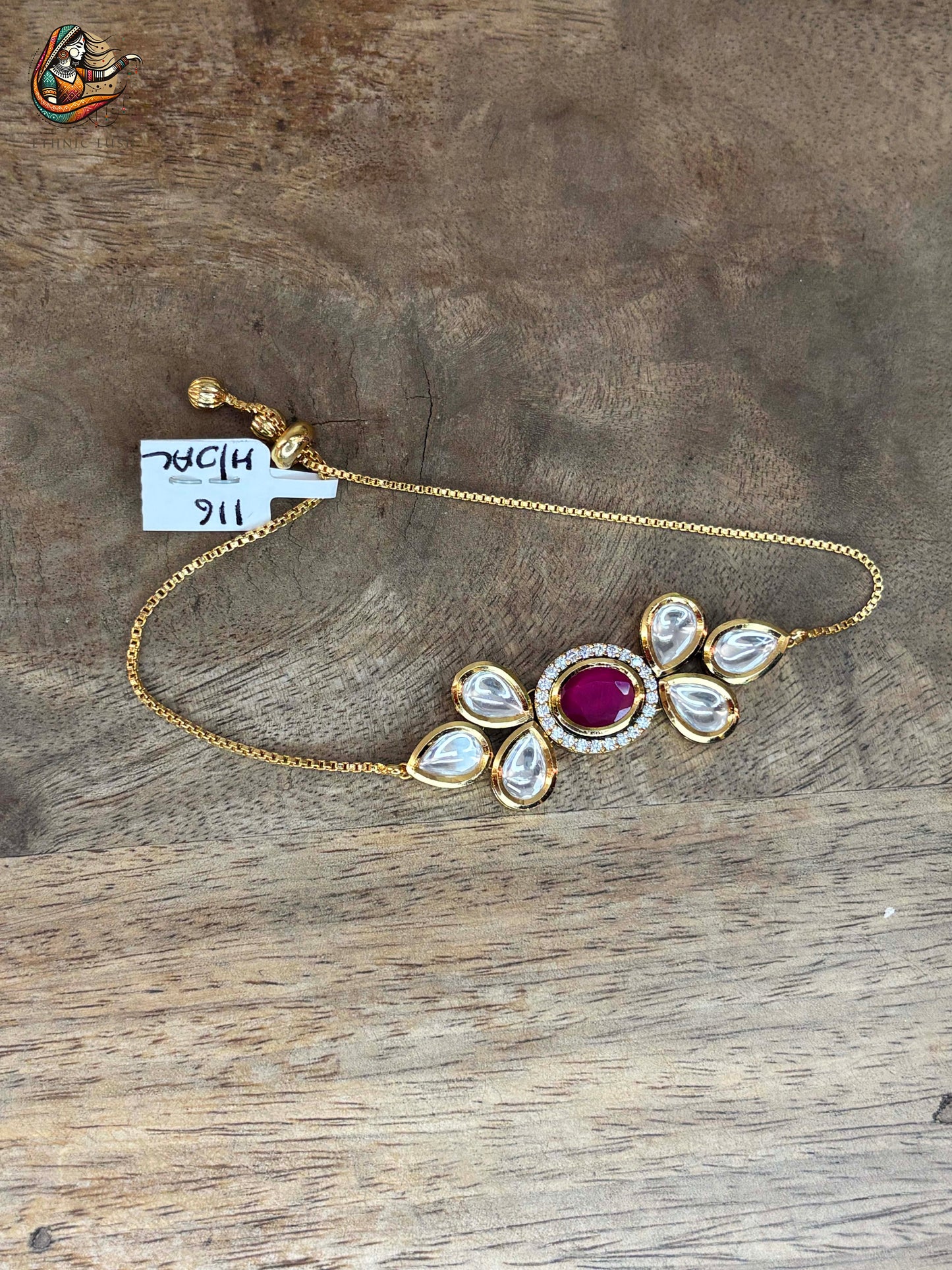 Gold Adjustable Bracelet with Ruby and Teardrop kundan