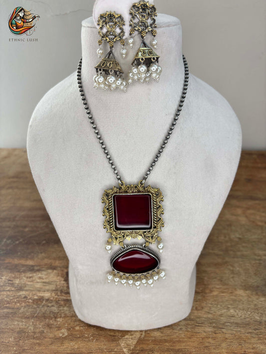 Antique Red Pendant Necklace Set with Pearl Jhumka Earrings