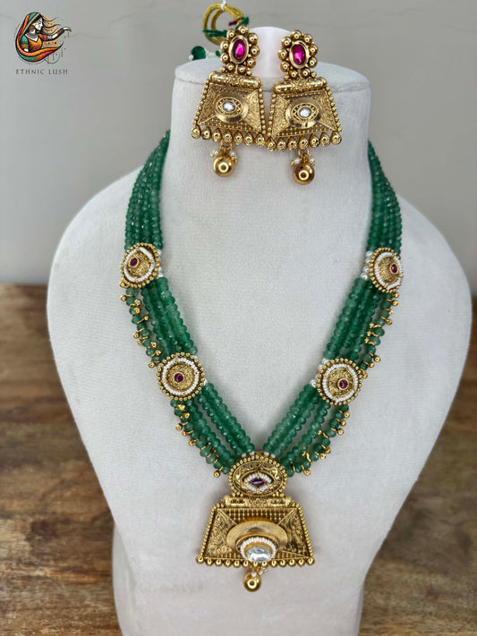 Rajwadi Green Beaded Necklace Set with Golden Pendant and Earrings