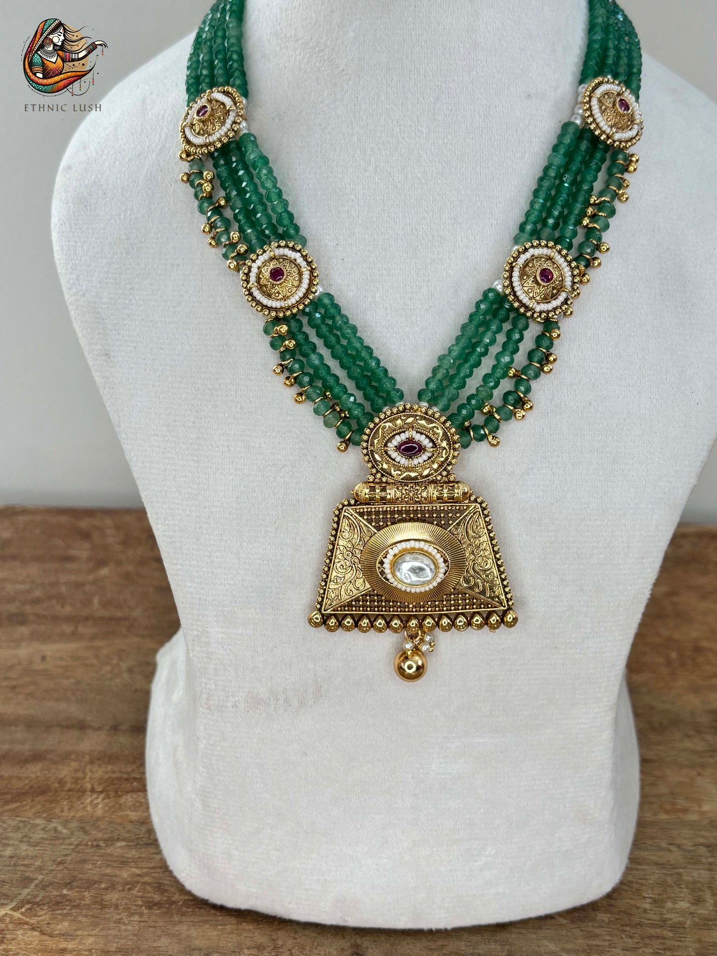 Rajwadi Green Beaded Necklace Set with Golden Pendant and Earrings