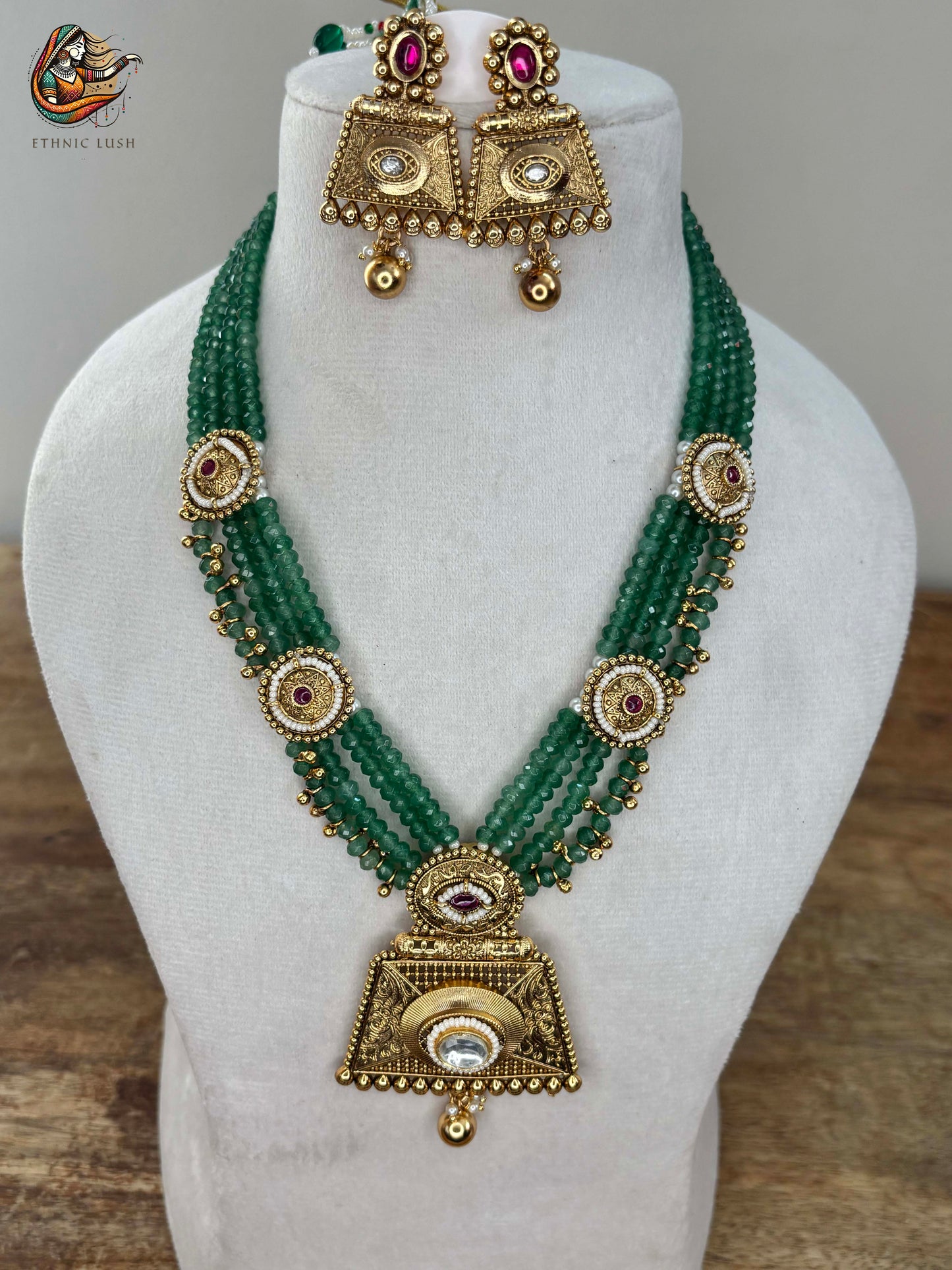 Rajwadi Green Beaded Necklace Set with Golden Pendant and Earrings