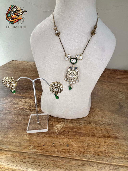 Kundan Necklace and Earrings Set with Green Accents